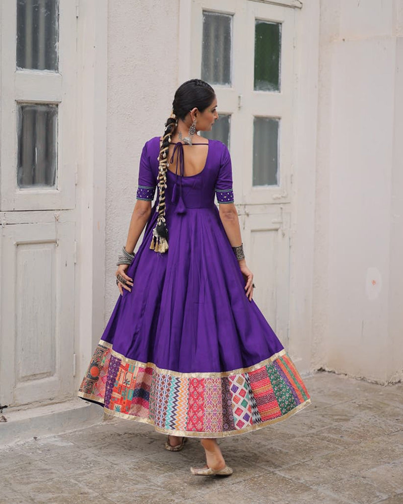 Colorful Border Purple Color Roman Silk Gamthi Work Navratri Gown - ETHNICDEAL