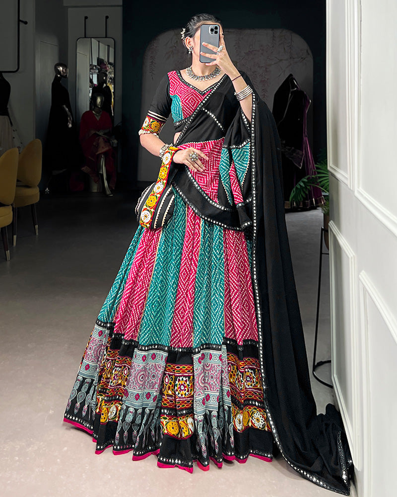 Sky And Pink Bandhej And Ajarakh Print Rayon Navratri Lehenga Choli - ETHNICDEAL