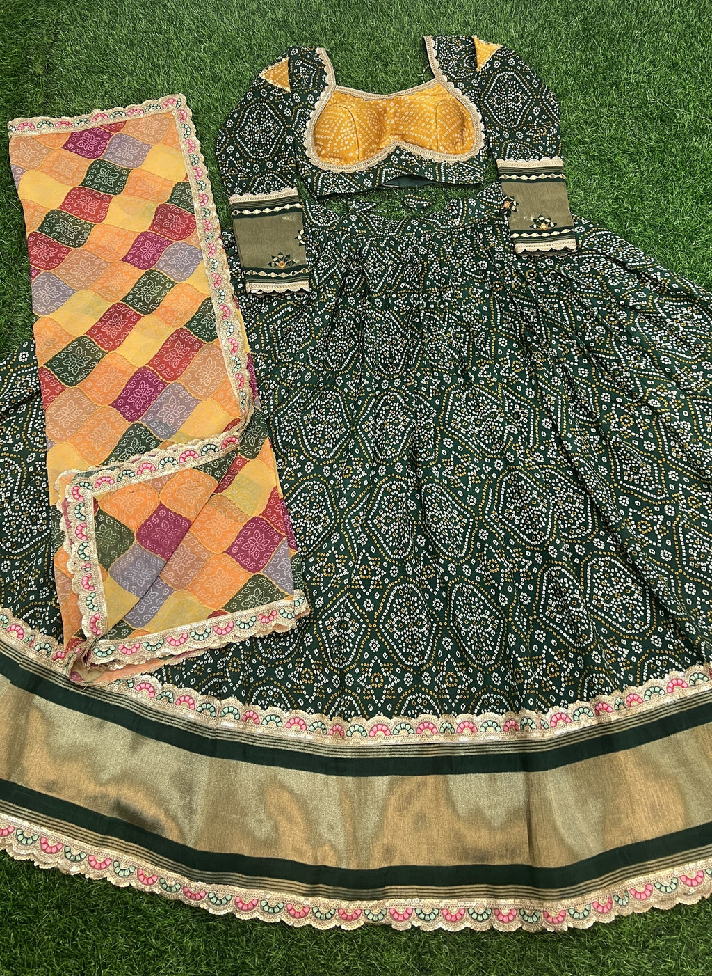 Alluring Green Gaji Silk Printed Zari Thread Sequins Worked Lehenga Choli - Ethnicwish