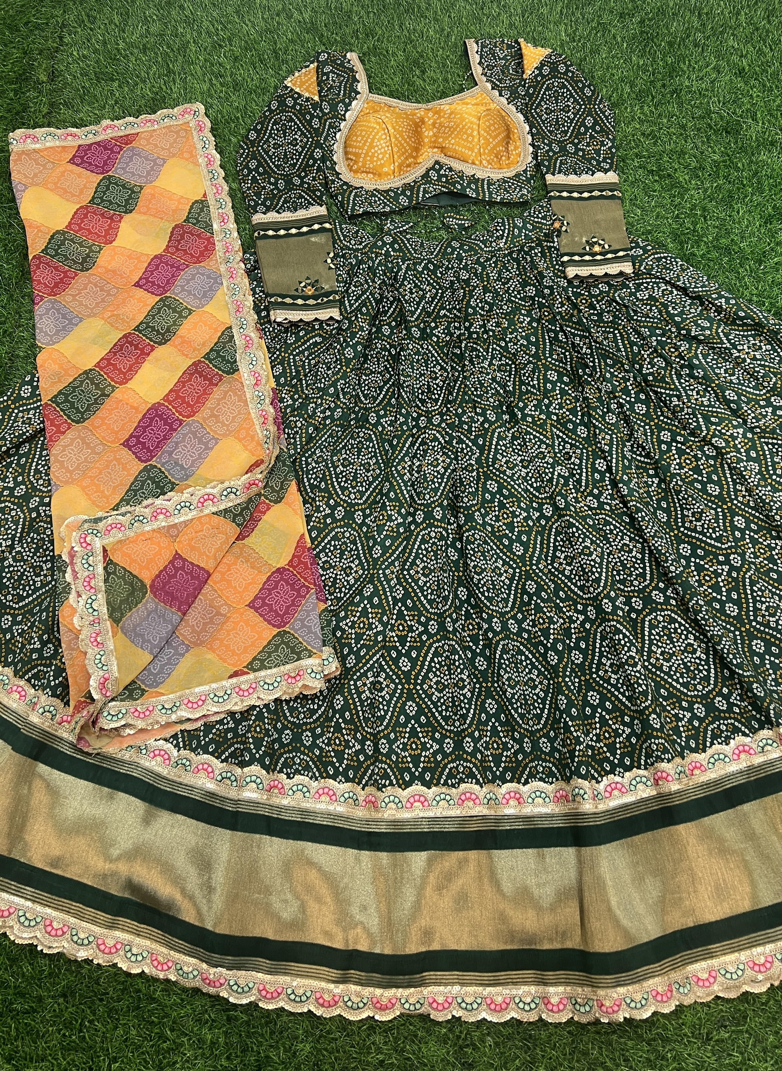 Alluring Green Gaji Silk Printed Zari Thread Sequins Worked Lehenga Choli - Ethnicwish