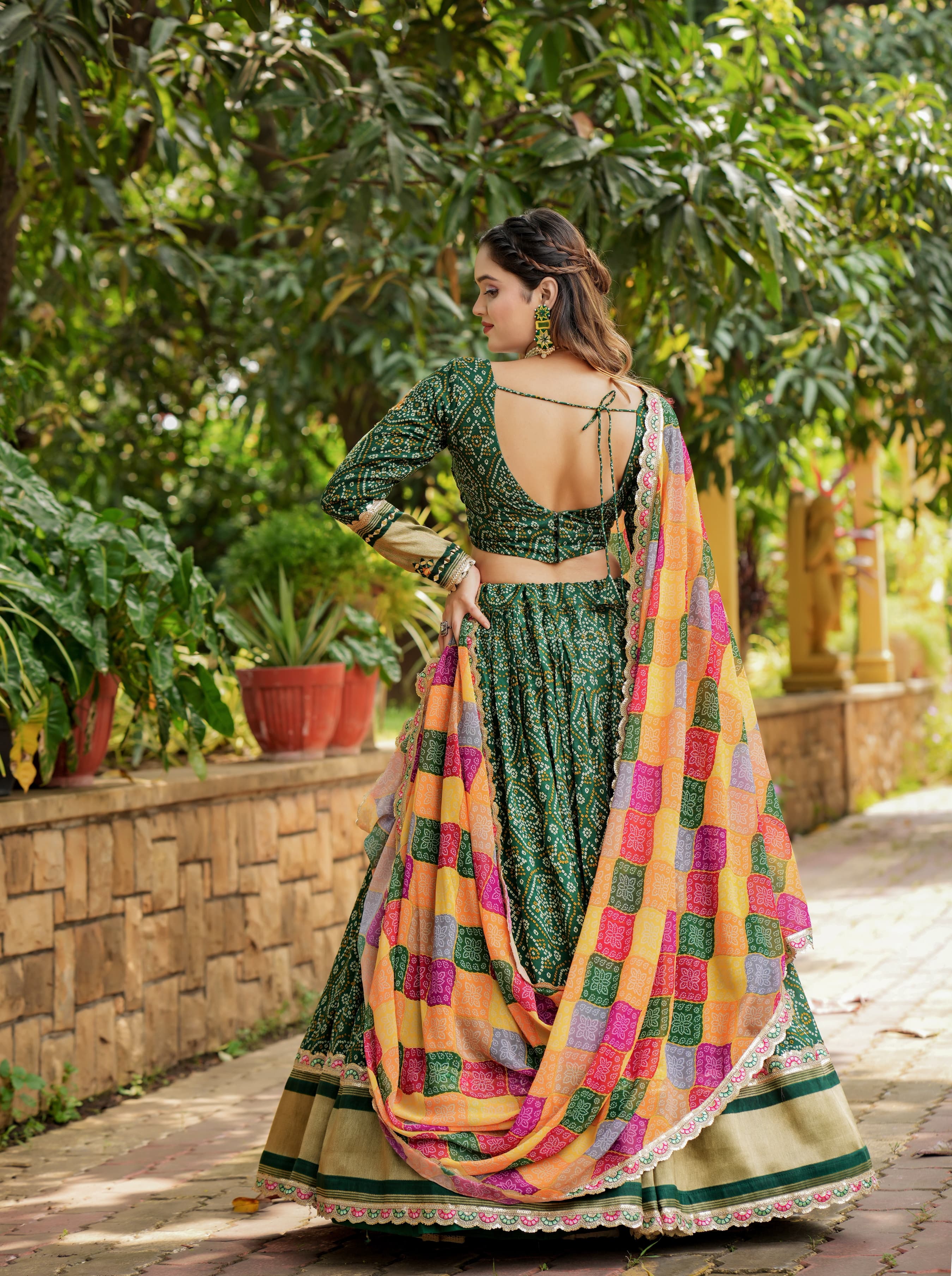 Alluring Green Gaji Silk Printed Zari Thread Sequins Worked Lehenga Choli - Ethnicwish