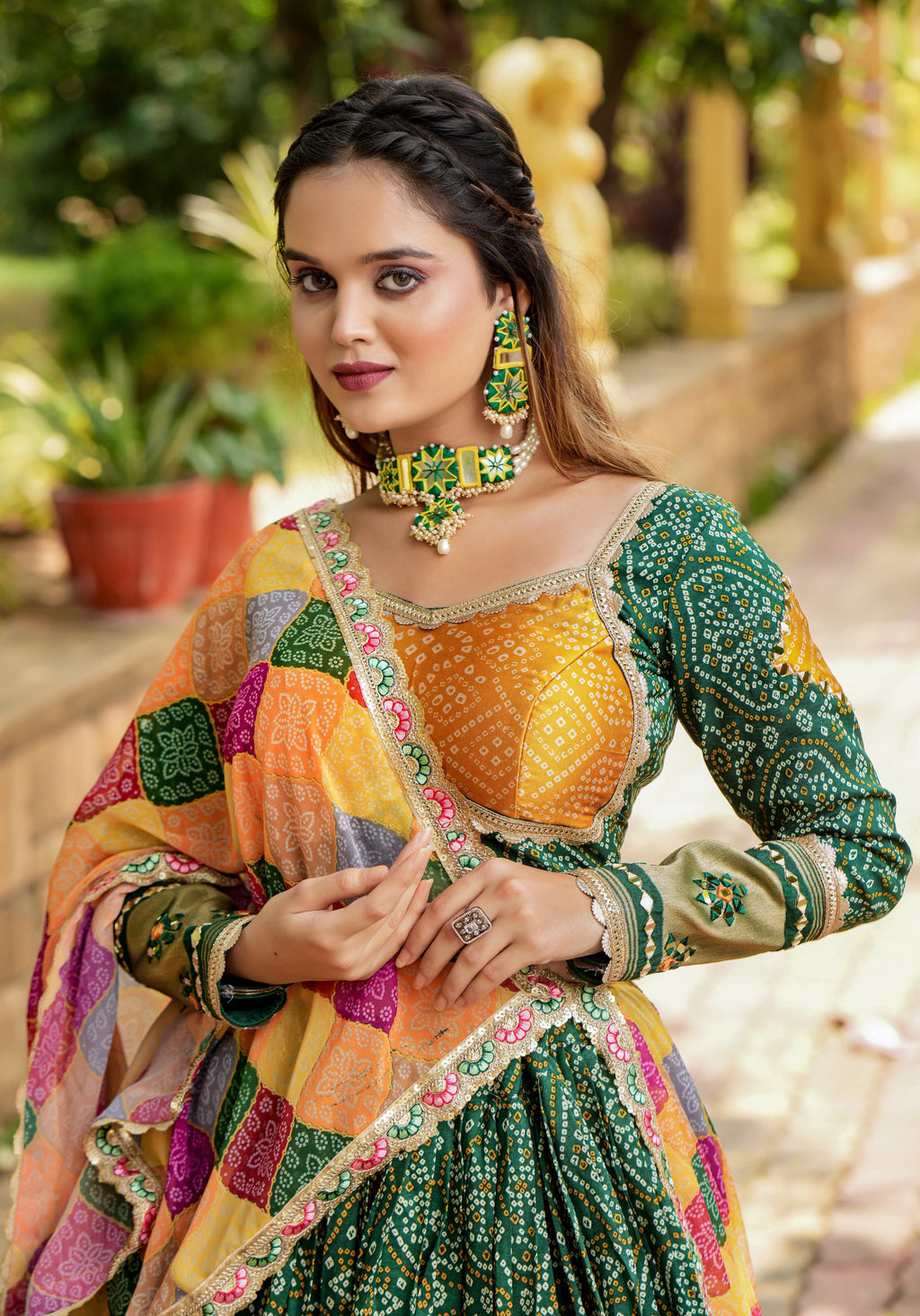 Alluring Green Gaji Silk Printed Zari Thread Sequins Worked Lehenga Choli - Ethnicwish