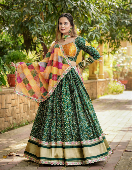 Alluring Green Gaji Silk Printed Zari Thread Sequins Worked Lehenga Choli - Ethnicwish