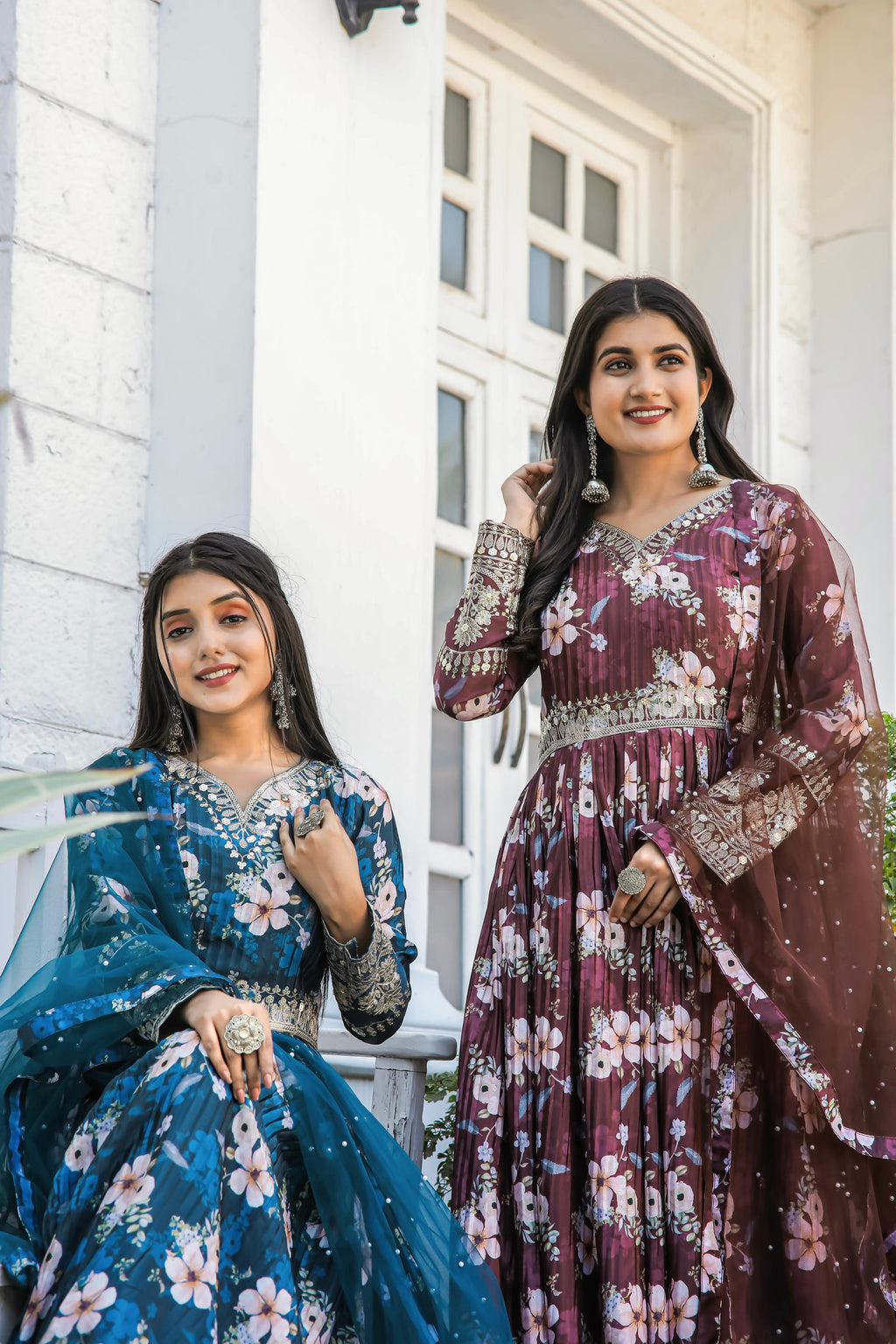 Lovely Floral Digital Printed Sequins Embroidered Crush Chinon Silk Suit - Ethnicwish