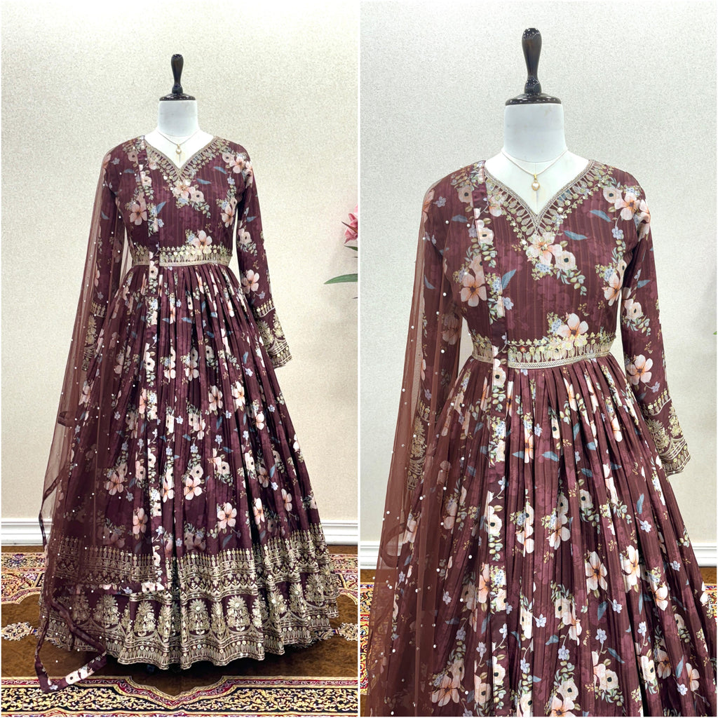 Lovely Floral Digital Printed Sequins Embroidered Crush Chinon Silk Suit - Ethnicwish