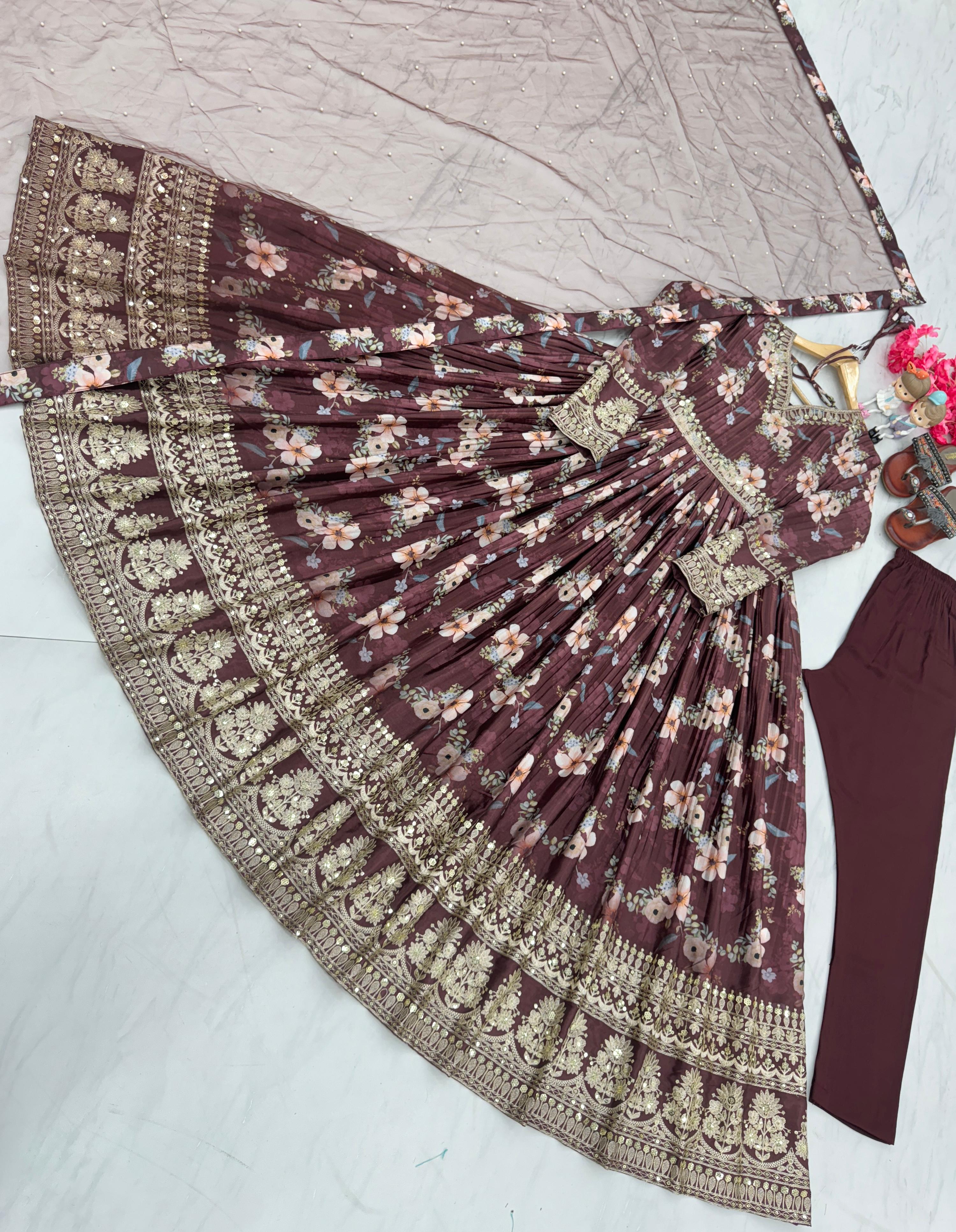 Lovely Floral Digital Printed Sequins Embroidered Crush Chinon Silk Suit - Ethnicwish