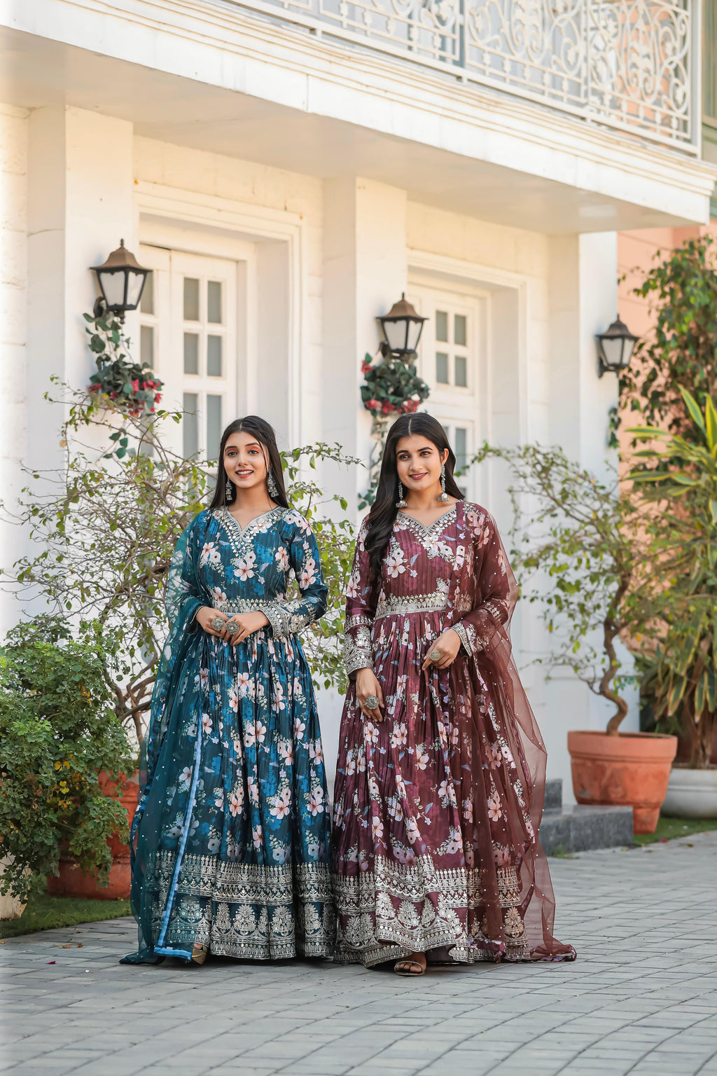 Lovely Floral Digital Printed Sequins Embroidered Crush Chinon Silk Suit - Ethnicwish