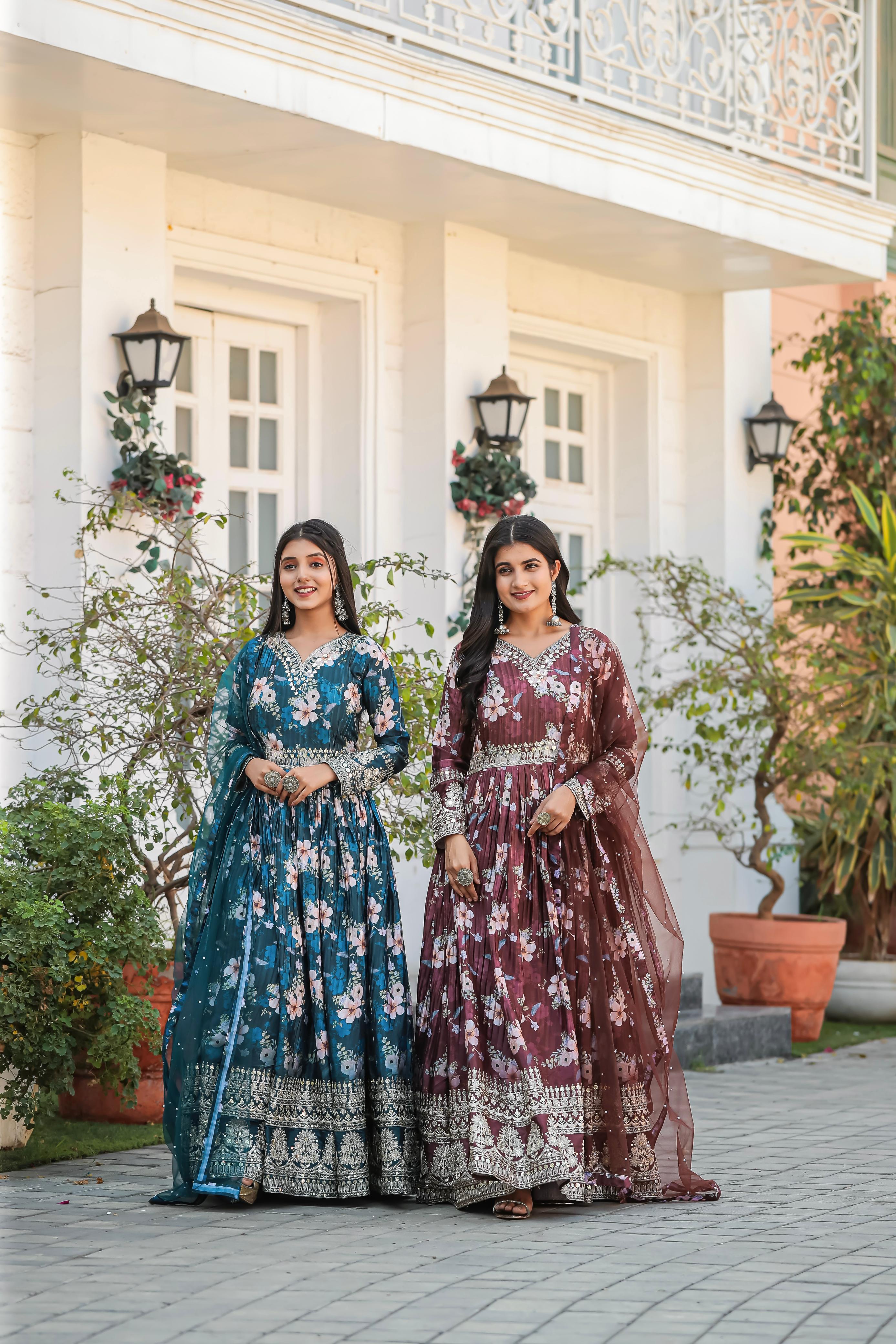 Lovely Floral Digital Printed Sequins Embroidered Crush Chinon Silk Suit - Ethnicwish