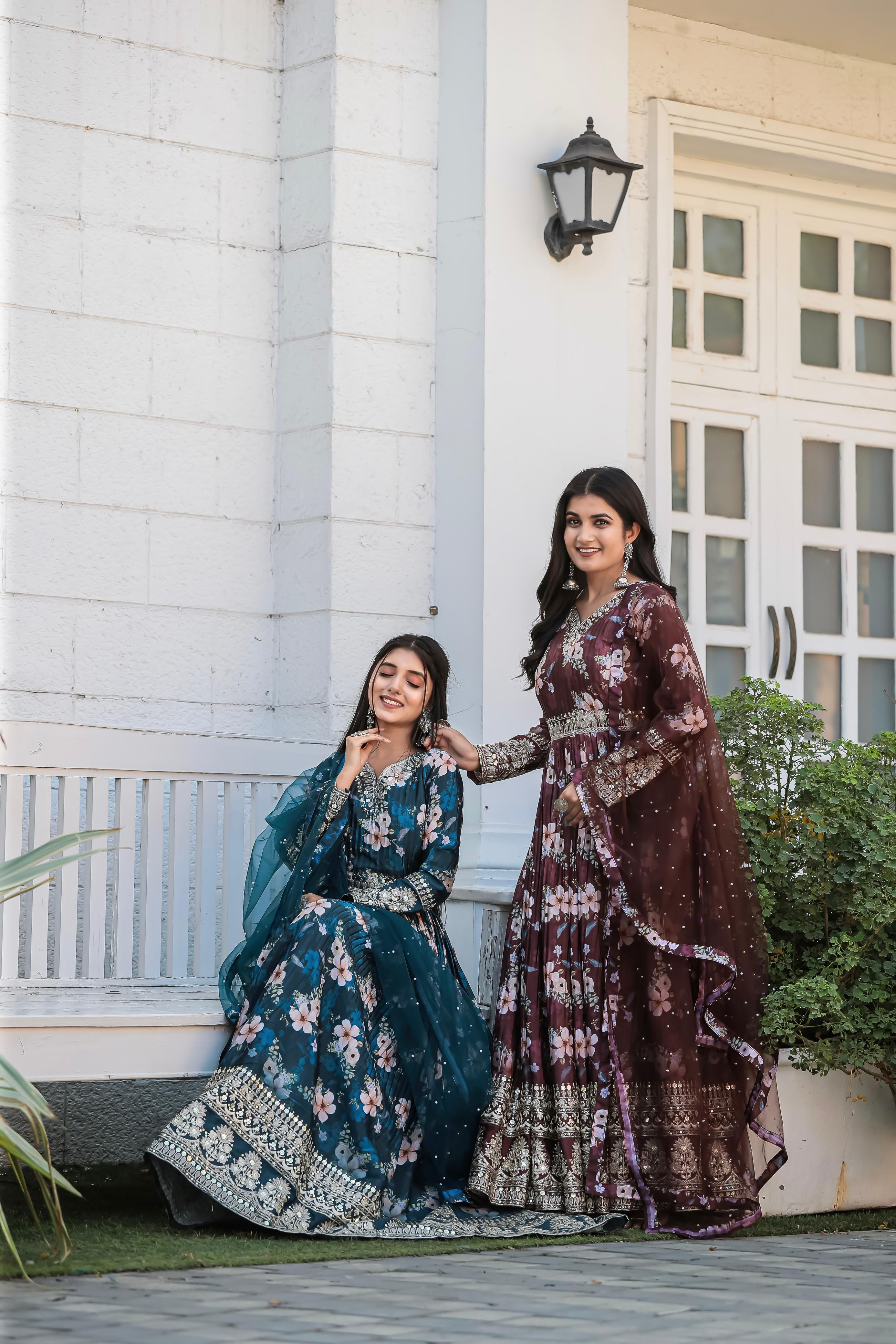 Lovely Floral Digital Printed Sequins Embroidered Crush Chinon Silk Suit - Ethnicwish