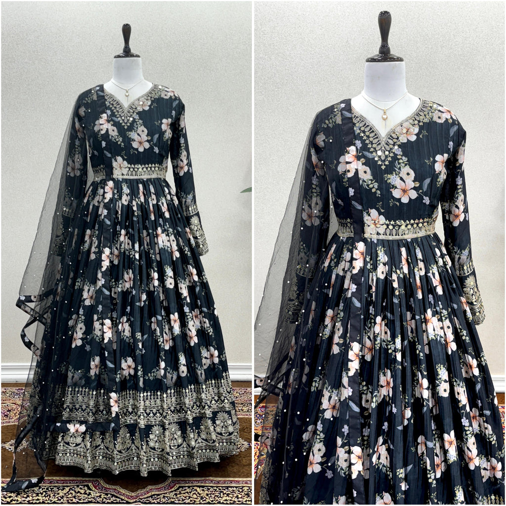 Lovely Floral Digital Printed Sequins Embroidered Crush Chinon Silk Suit - Ethnicwish