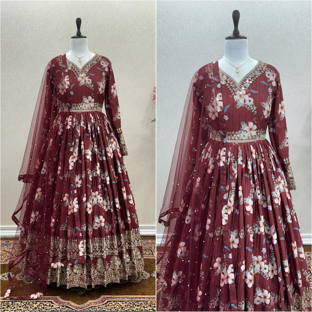 Lovely Floral Digital Printed Sequins Embroidered Crush Chinon Silk Suit - Ethnicwish