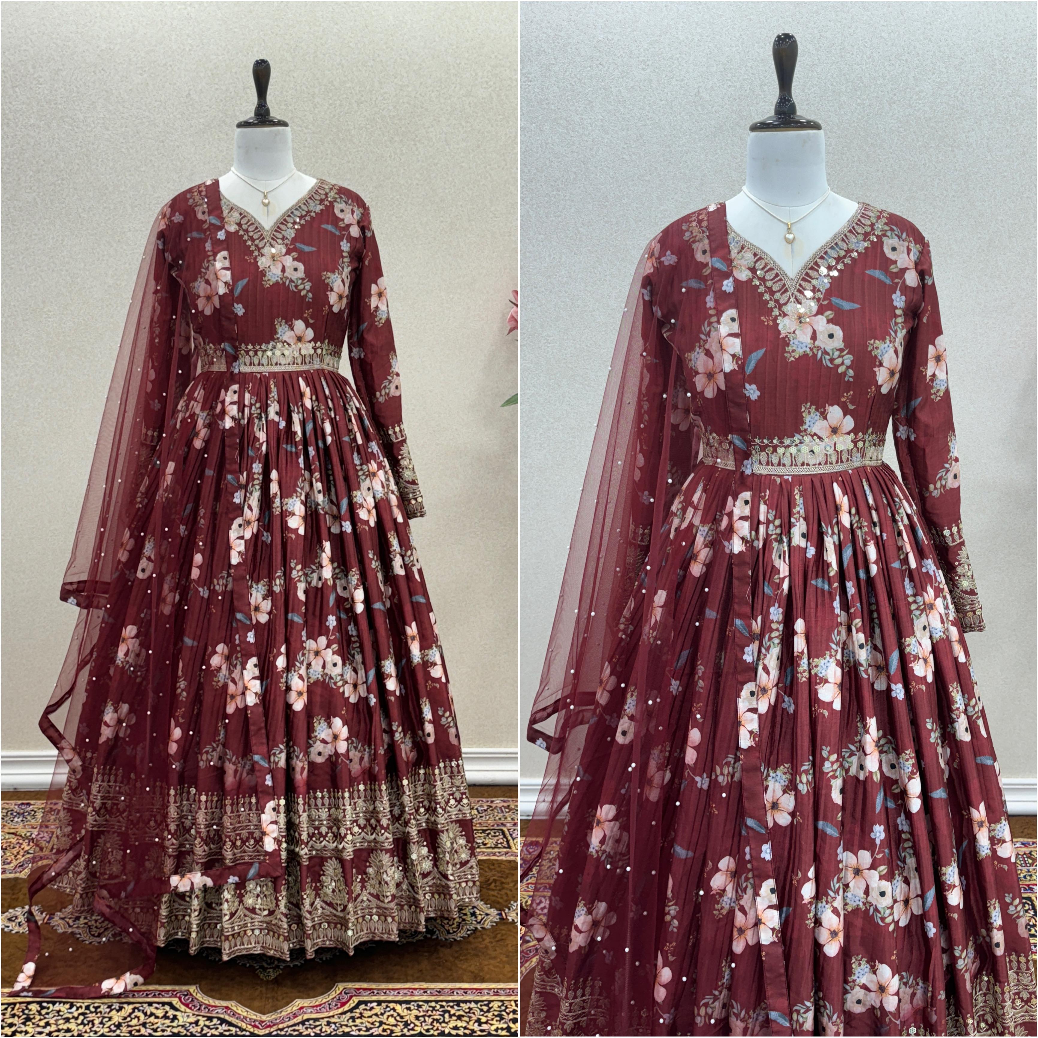 Lovely Floral Digital Printed Sequins Embroidered Crush Chinon Silk Suit - Ethnicwish