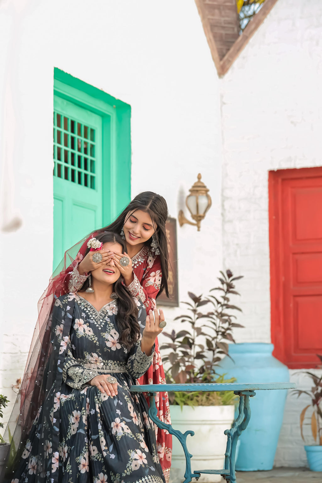 Lovely Floral Digital Printed Sequins Embroidered Crush Chinon Silk Suit - Ethnicwish