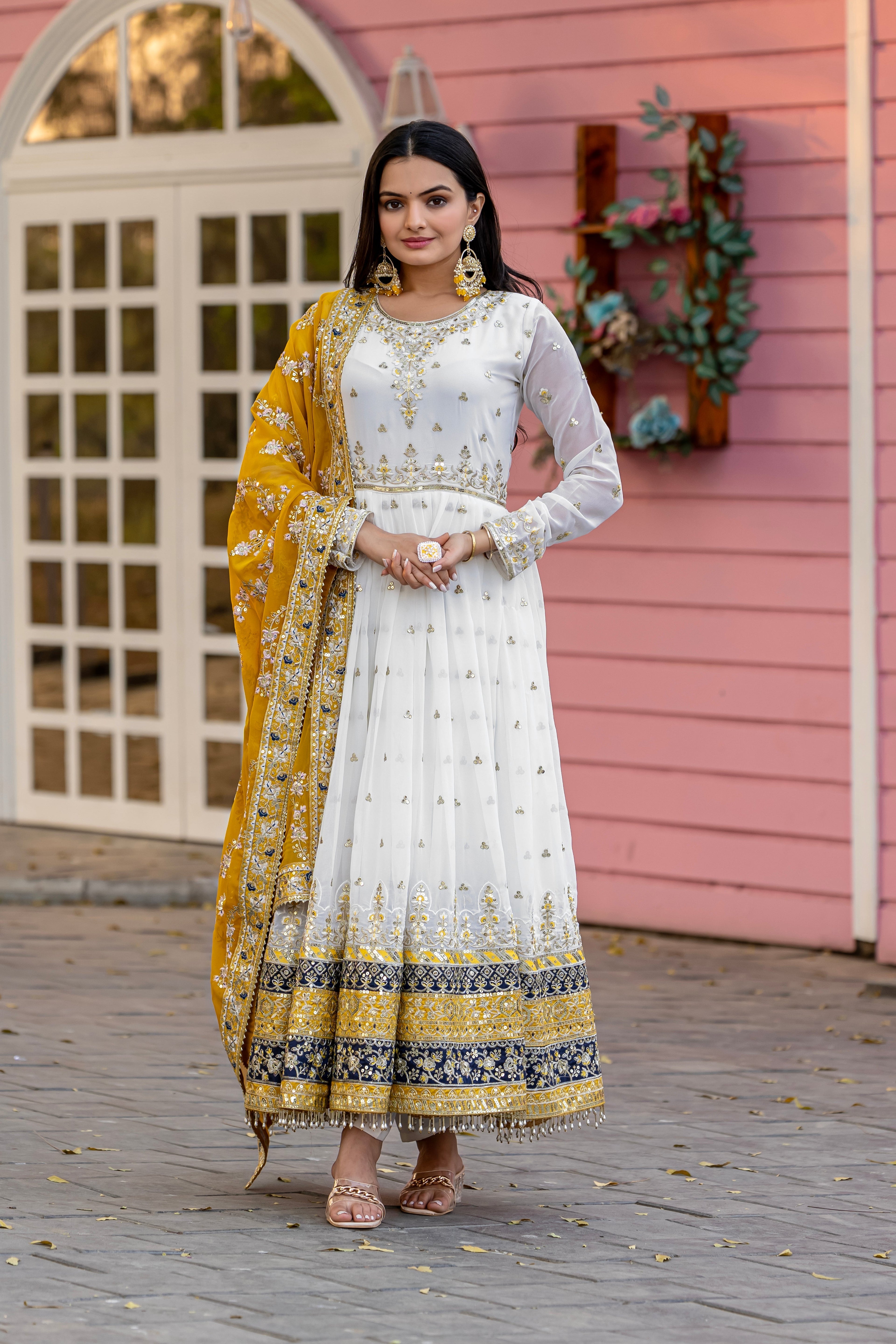 Elegant Embroidered Faux Georgette Gown Set – A Blend of Grace & Glamour - ETHNICDEAL