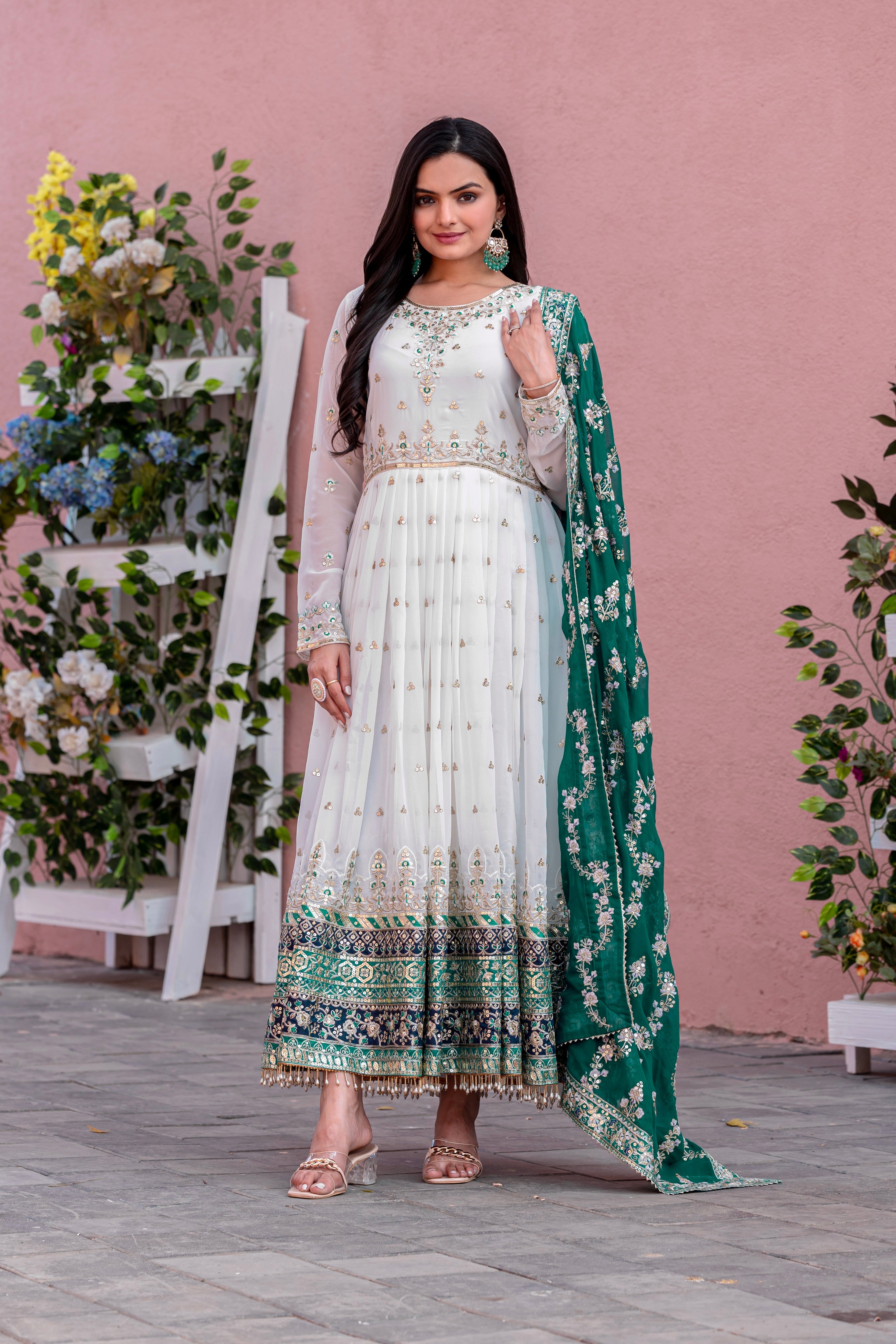 Elegant Embroidered Faux Georgette Gown Set – A Blend of Grace & Glamour - ETHNICDEAL