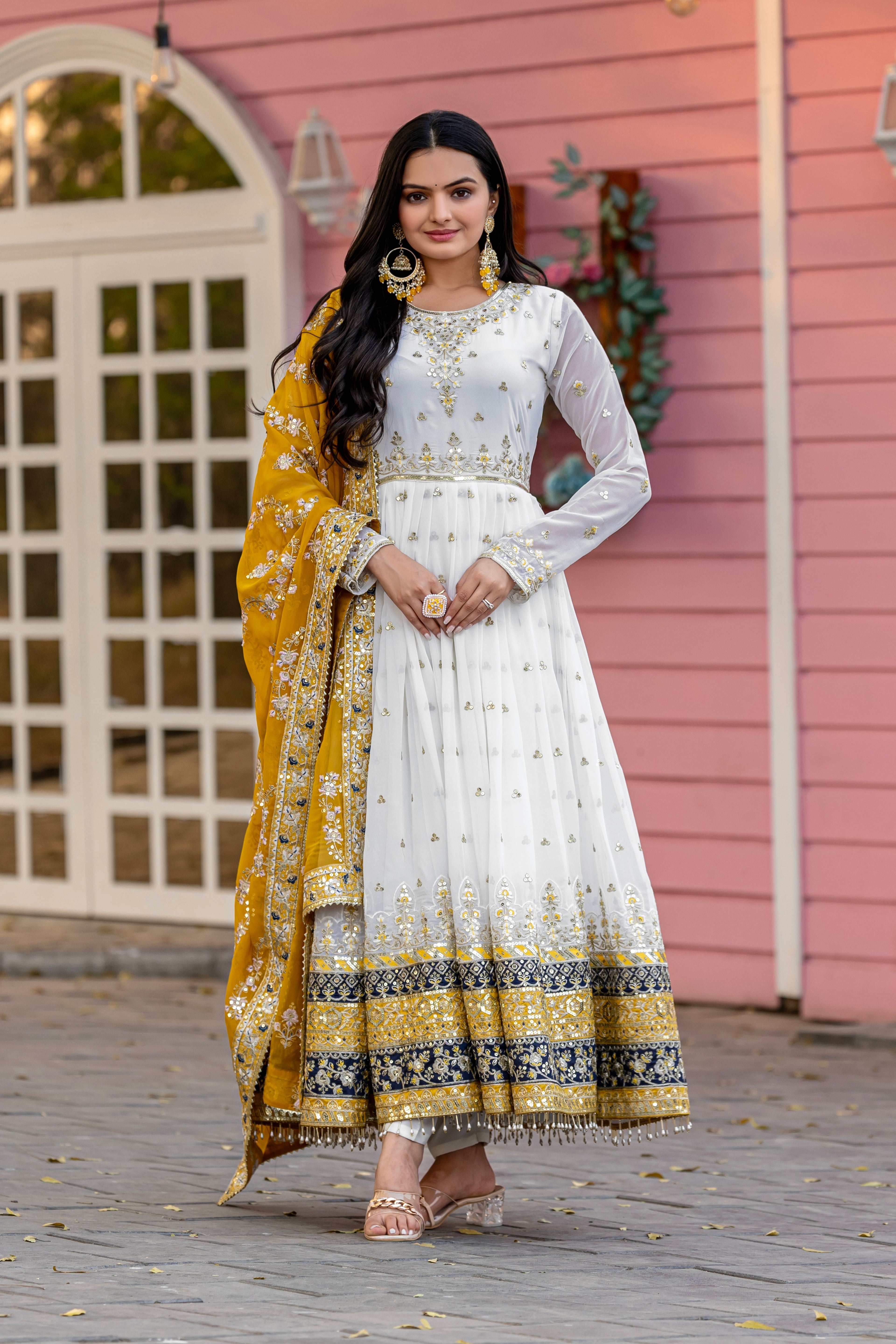 Elegant Embroidered Faux Georgette Gown Set – A Blend of Grace & Glamour - ETHNICDEAL