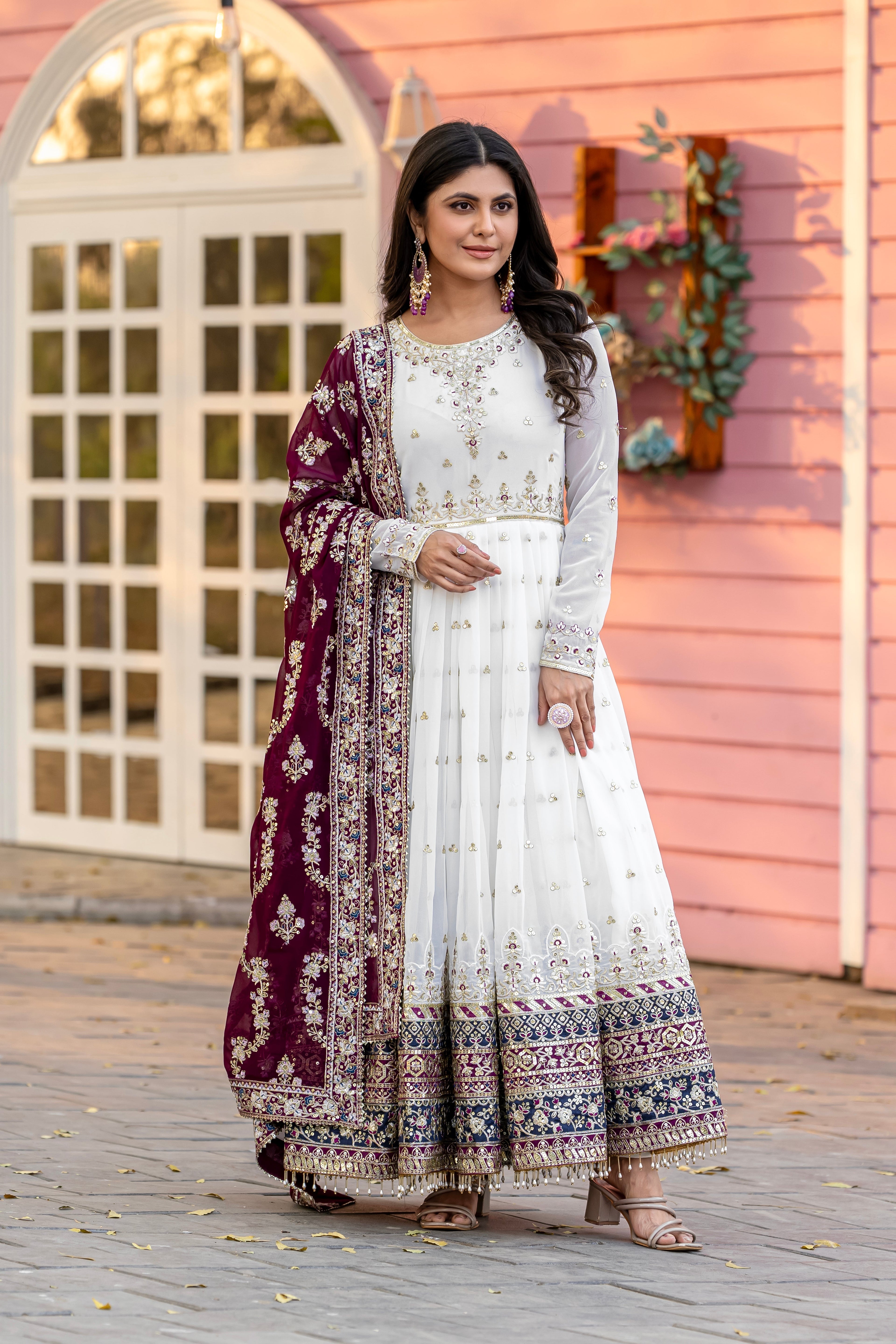 Elegant Embroidered Faux Georgette Gown Set – A Blend of Grace & Glamour - ETHNICDEAL