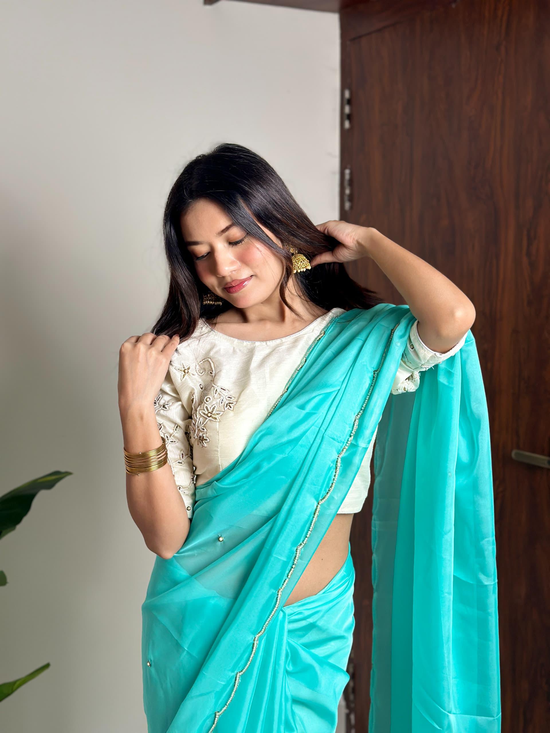 Alluring Soft Organza Saree With Stitched Handworked Blouse - Ethnicwish