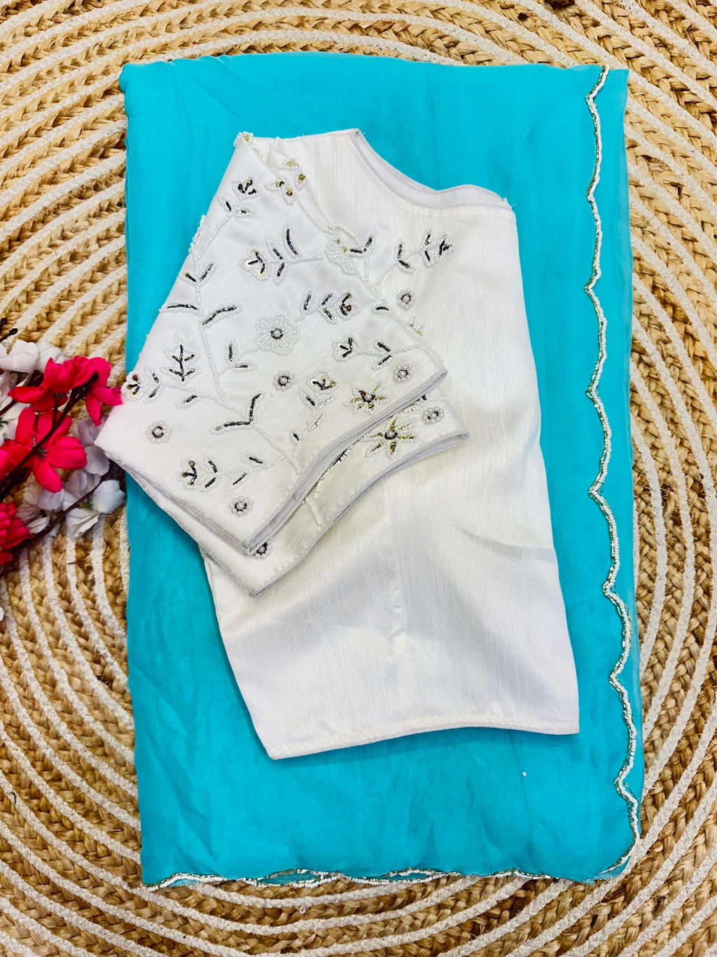 Alluring Soft Organza Saree With Stitched Handworked Blouse - Ethnicwish