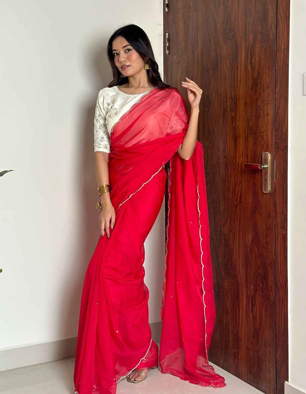 Alluring Soft Organza Saree With Stitched Handworked Blouse - Ethnicwish