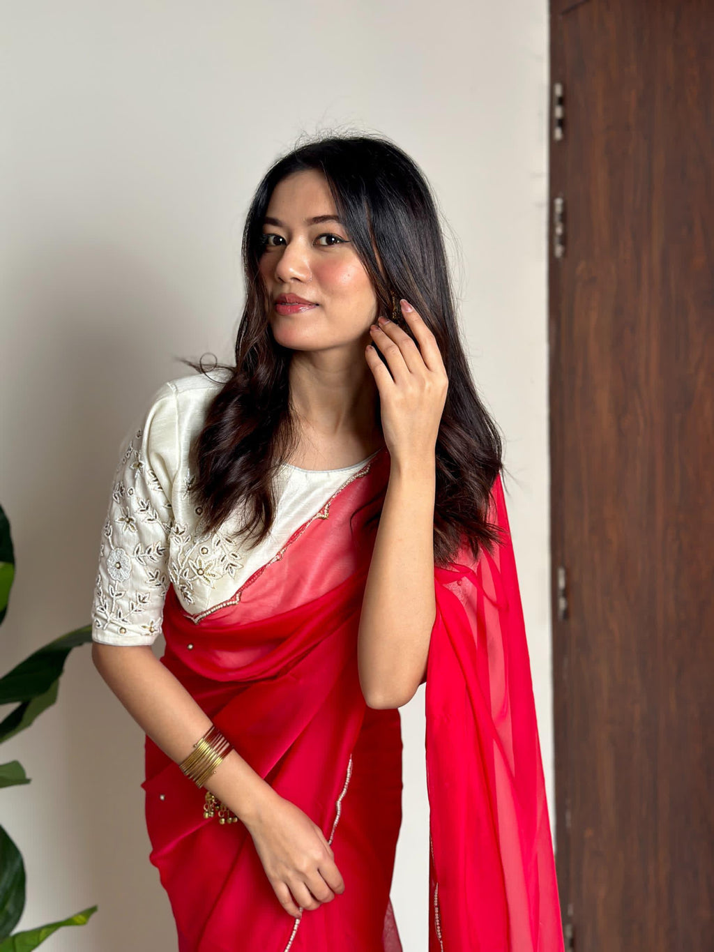 Alluring Soft Organza Saree With Stitched Handworked Blouse - Ethnicwish