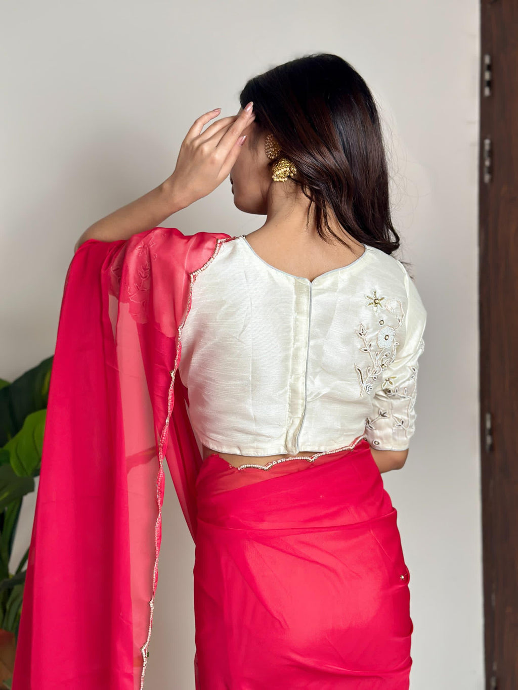 Alluring Soft Organza Saree With Stitched Handworked Blouse - Ethnicwish