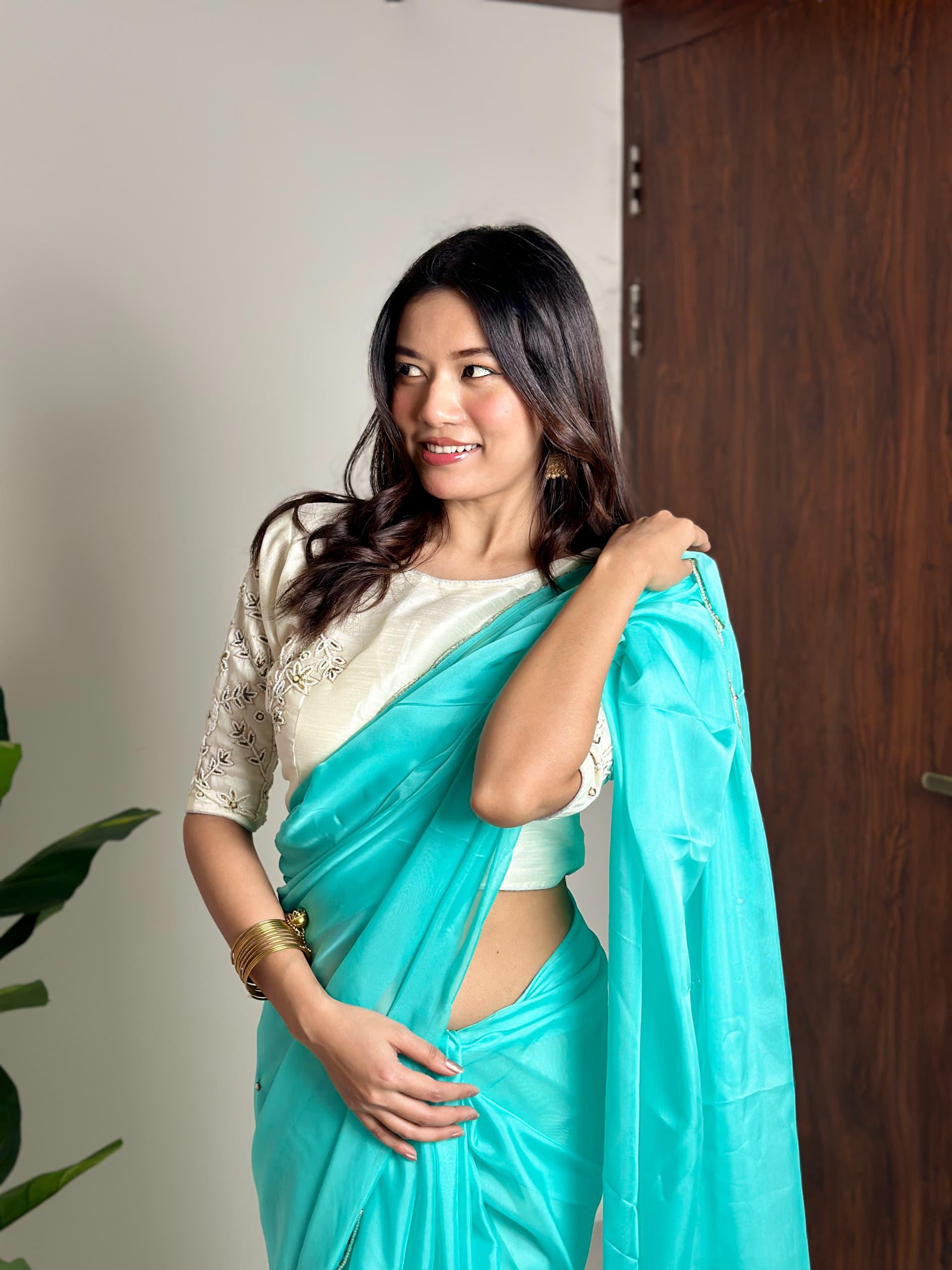 Alluring Soft Organza Saree With Stitched Handworked Blouse - Ethnicwish