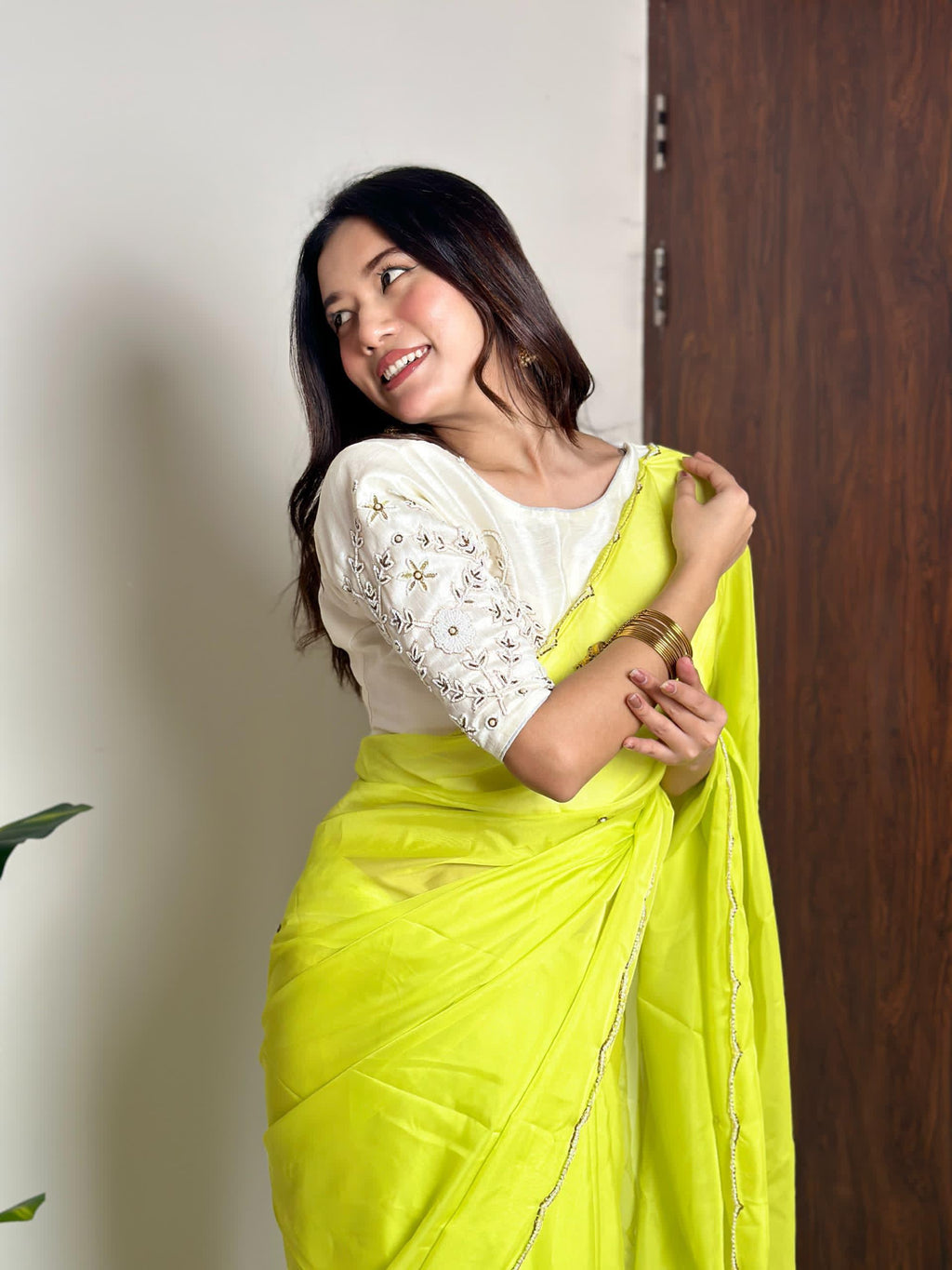 Alluring Soft Organza Saree With Stitched Handworked Blouse - Ethnicwish