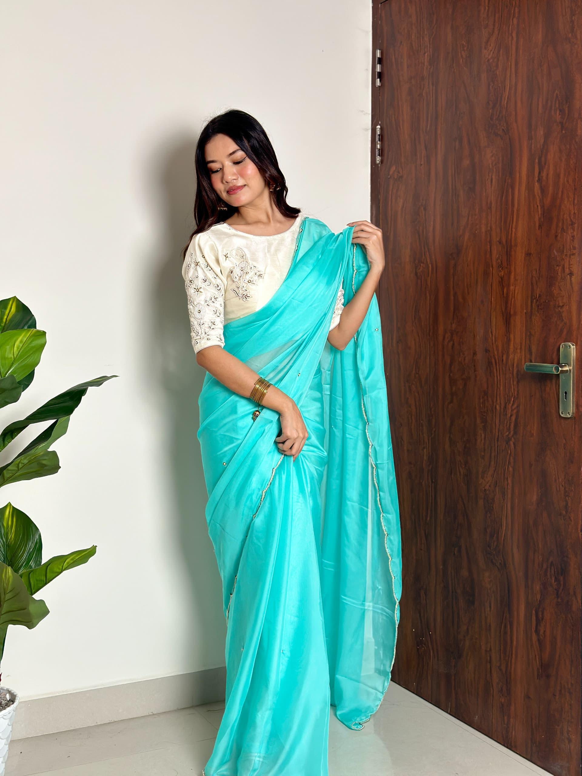 Alluring Soft Organza Saree With Stitched Handworked Blouse - Ethnicwish