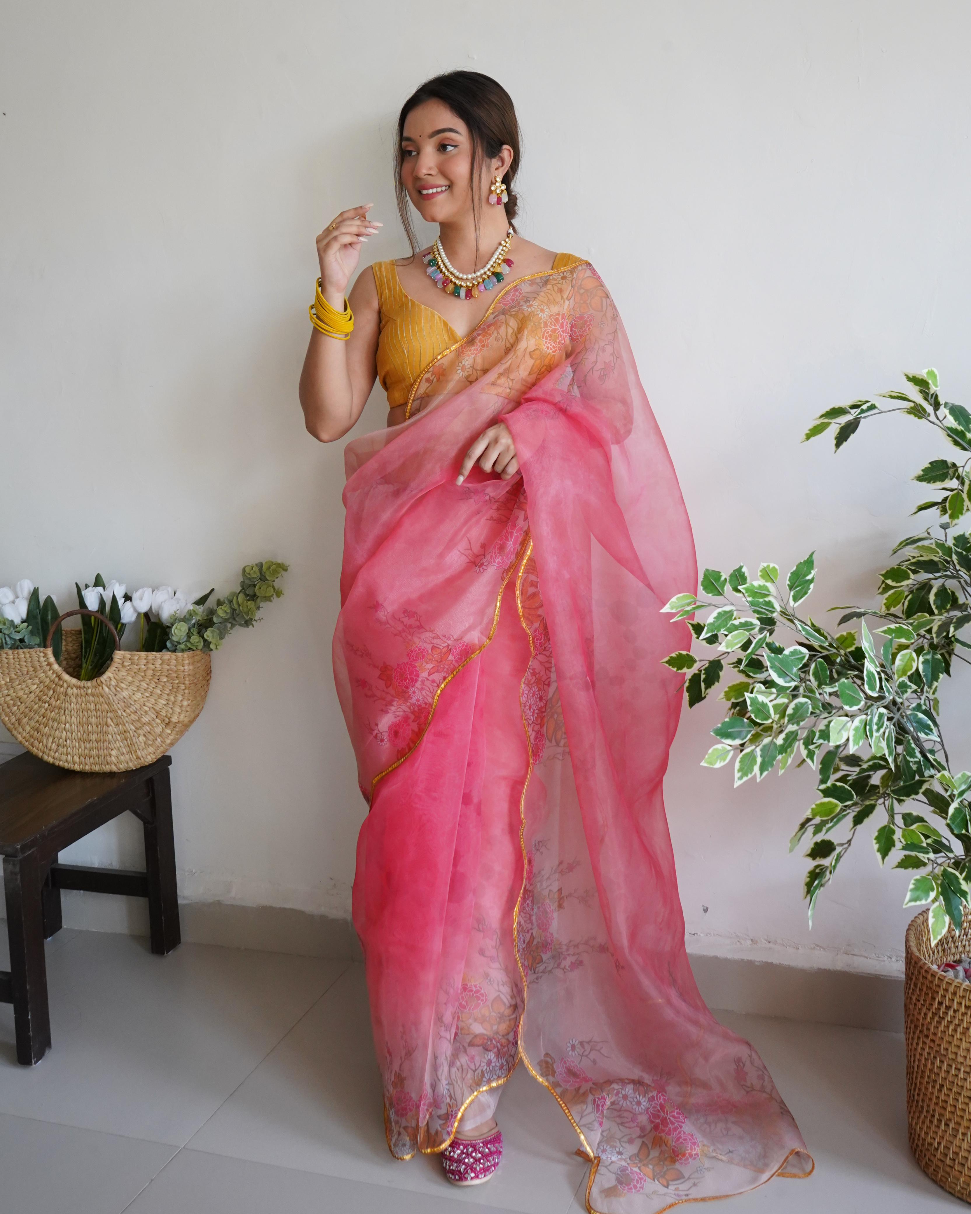 Radiant Pink Pure Organza Floral Handprinted Gota Worked Saree - Ethnicwish