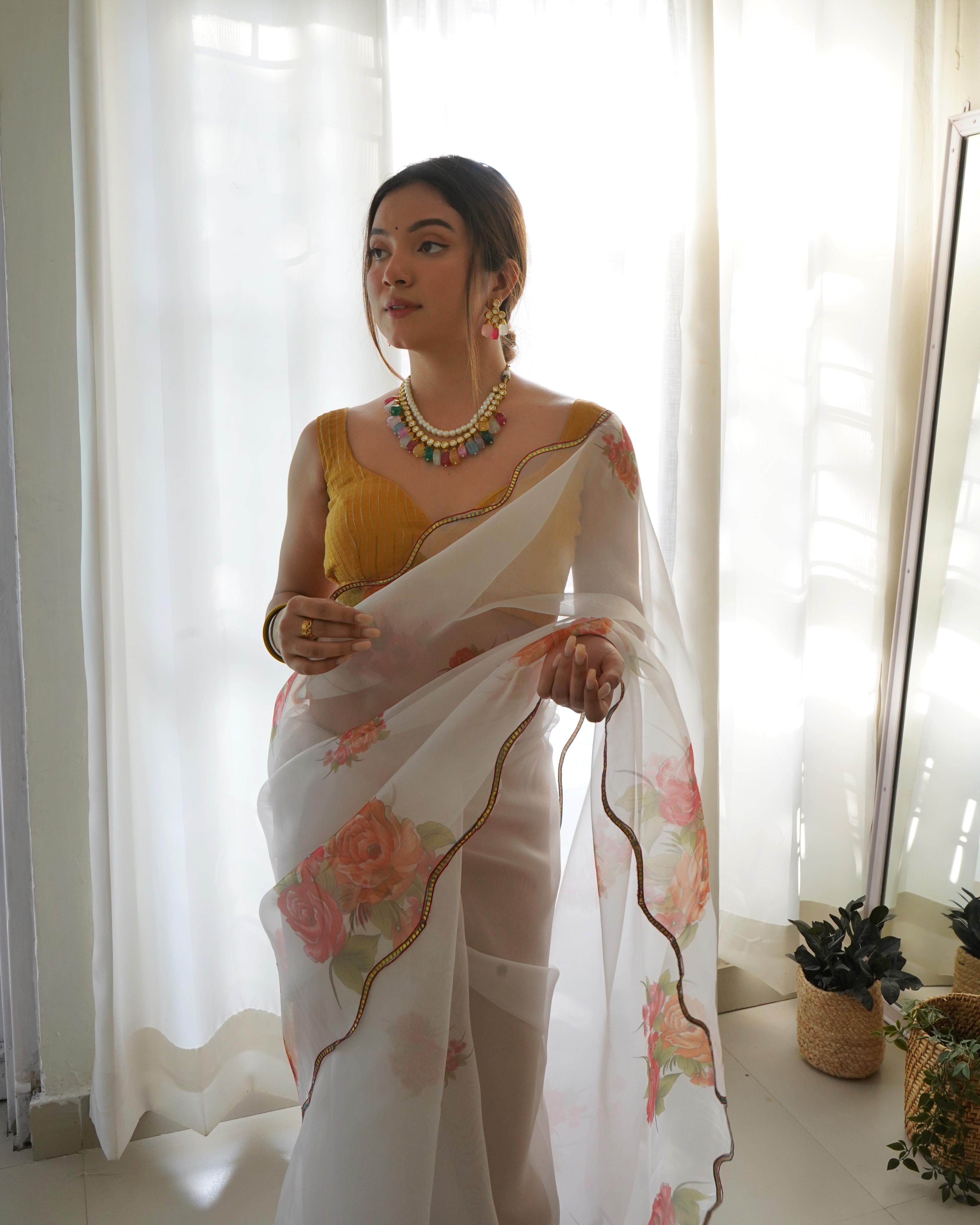 Mesmerizing White Pure Organza Floral Handprinted Gota Worked Saree - Ethnicwish