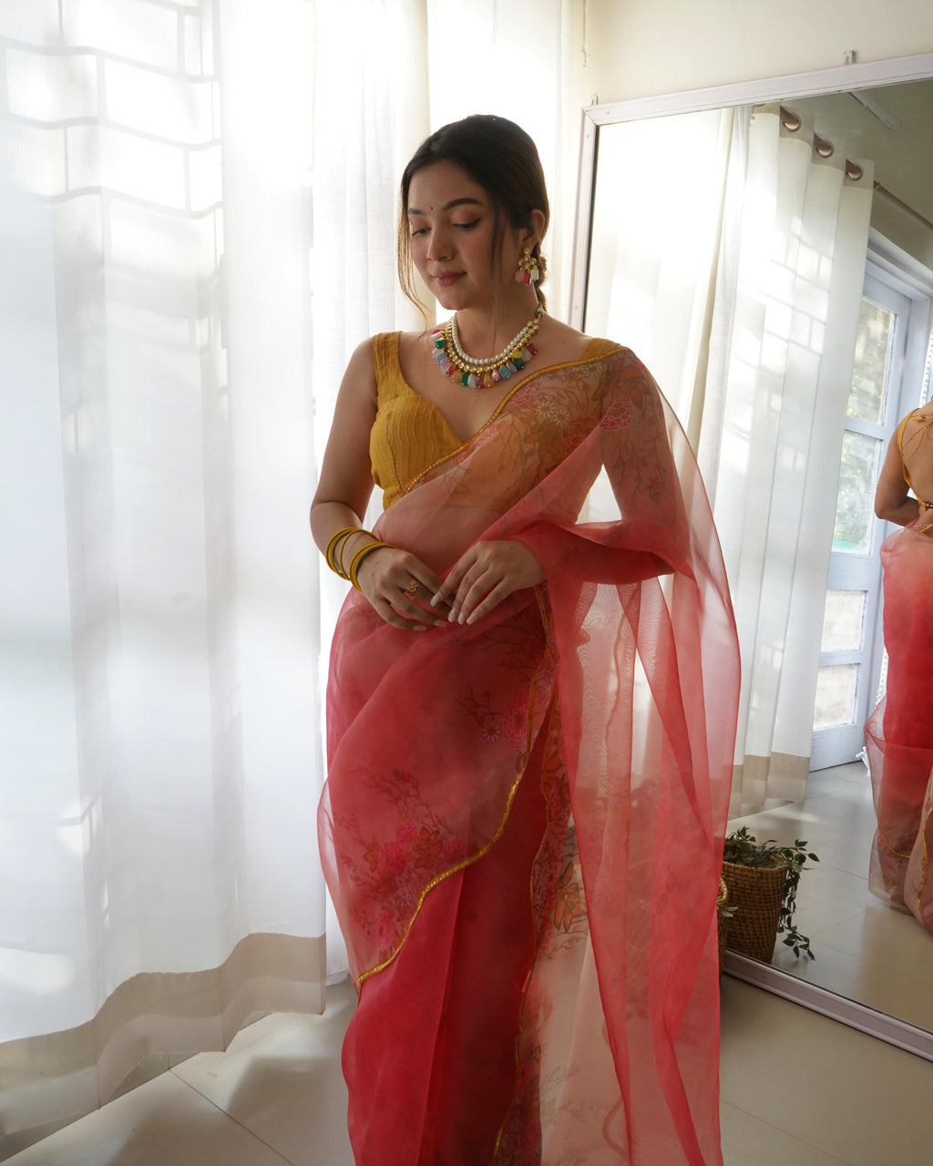 Radiant Pink Pure Organza Floral Handprinted Gota Worked Saree - Ethnicwish