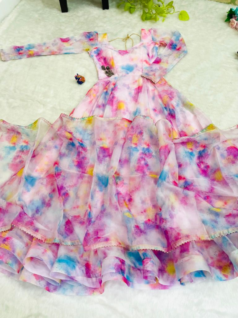 Stylish Pink Organza Silk Floral Digital Printed Gown With Dupatta - Ethnicwish