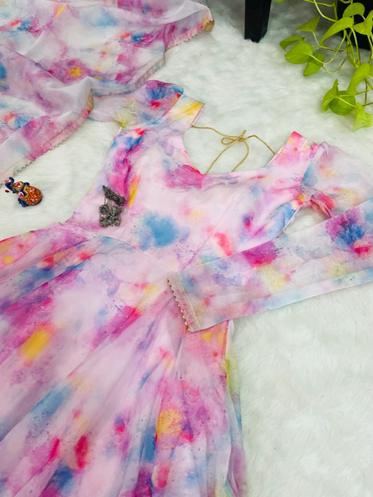 Stylish Pink Organza Silk Floral Digital Printed Gown With Dupatta - Ethnicwish