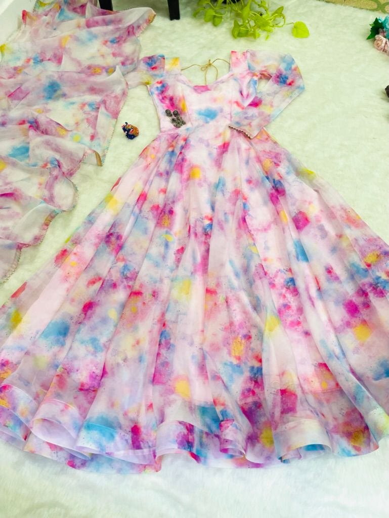 Stylish Pink Organza Silk Floral Digital Printed Gown With Dupatta - Ethnicwish