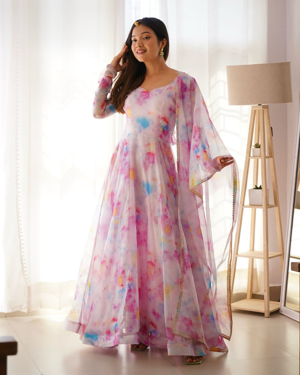Stylish Pink Organza Silk Floral Digital Printed Gown With Dupatta - Ethnicwish