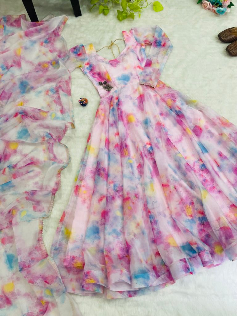 Stylish Pink Organza Silk Floral Digital Printed Gown With Dupatta - Ethnicwish