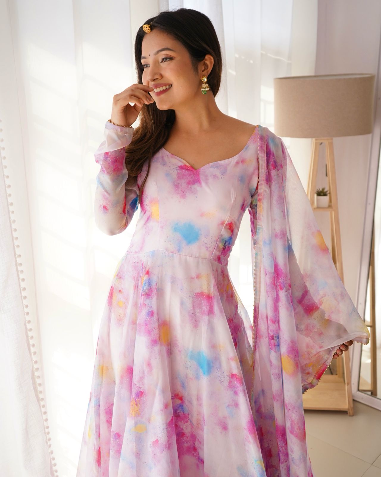 Stylish Pink Organza Silk Floral Digital Printed Gown With Dupatta - Ethnicwish