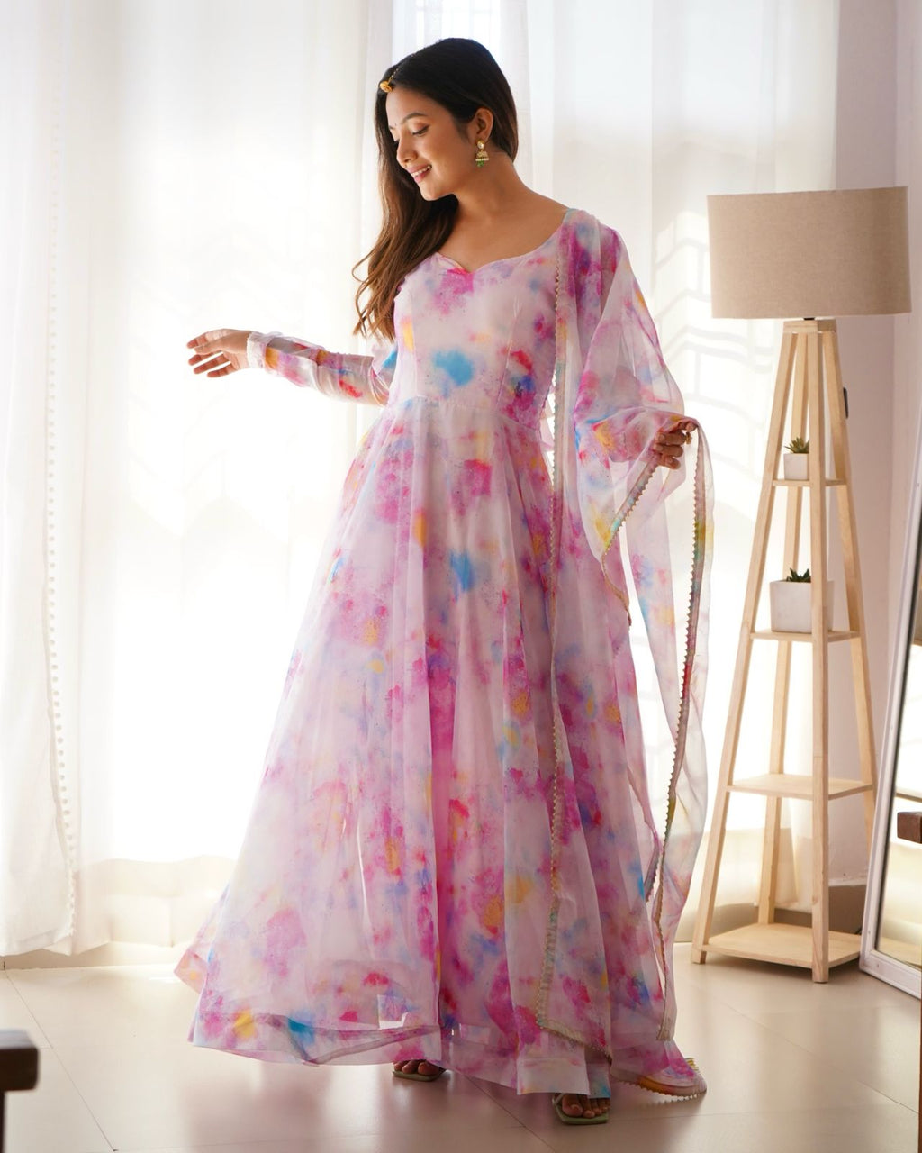 Stylish Pink Organza Silk Floral Digital Printed Gown With Dupatta - Ethnicwish
