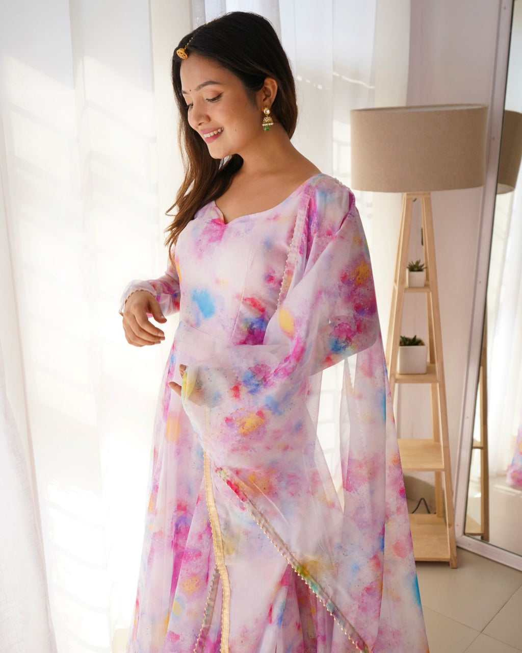 Stylish Pink Organza Silk Floral Digital Printed Gown With Dupatta - Ethnicwish