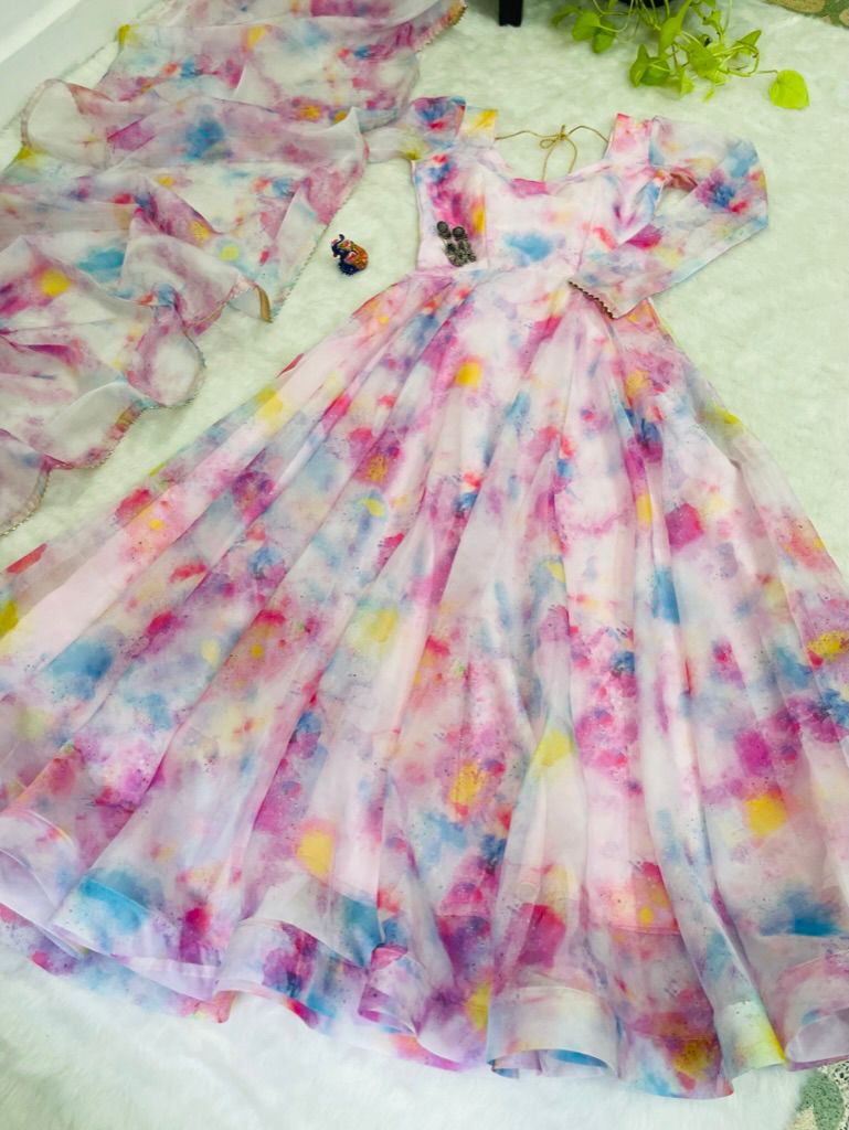 Stylish Pink Organza Silk Floral Digital Printed Gown With Dupatta - Ethnicwish