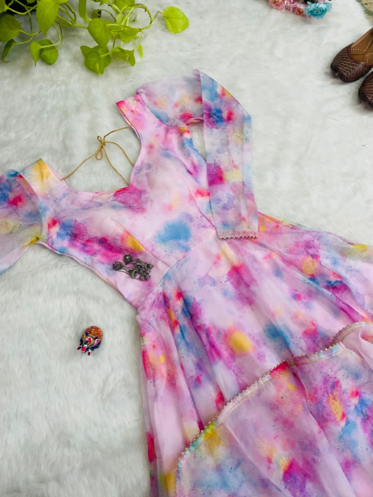 Stylish Pink Organza Silk Floral Digital Printed Gown With Dupatta - Ethnicwish