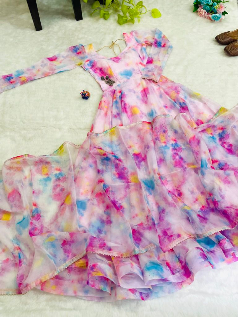 Stylish Pink Organza Silk Floral Digital Printed Gown With Dupatta - Ethnicwish