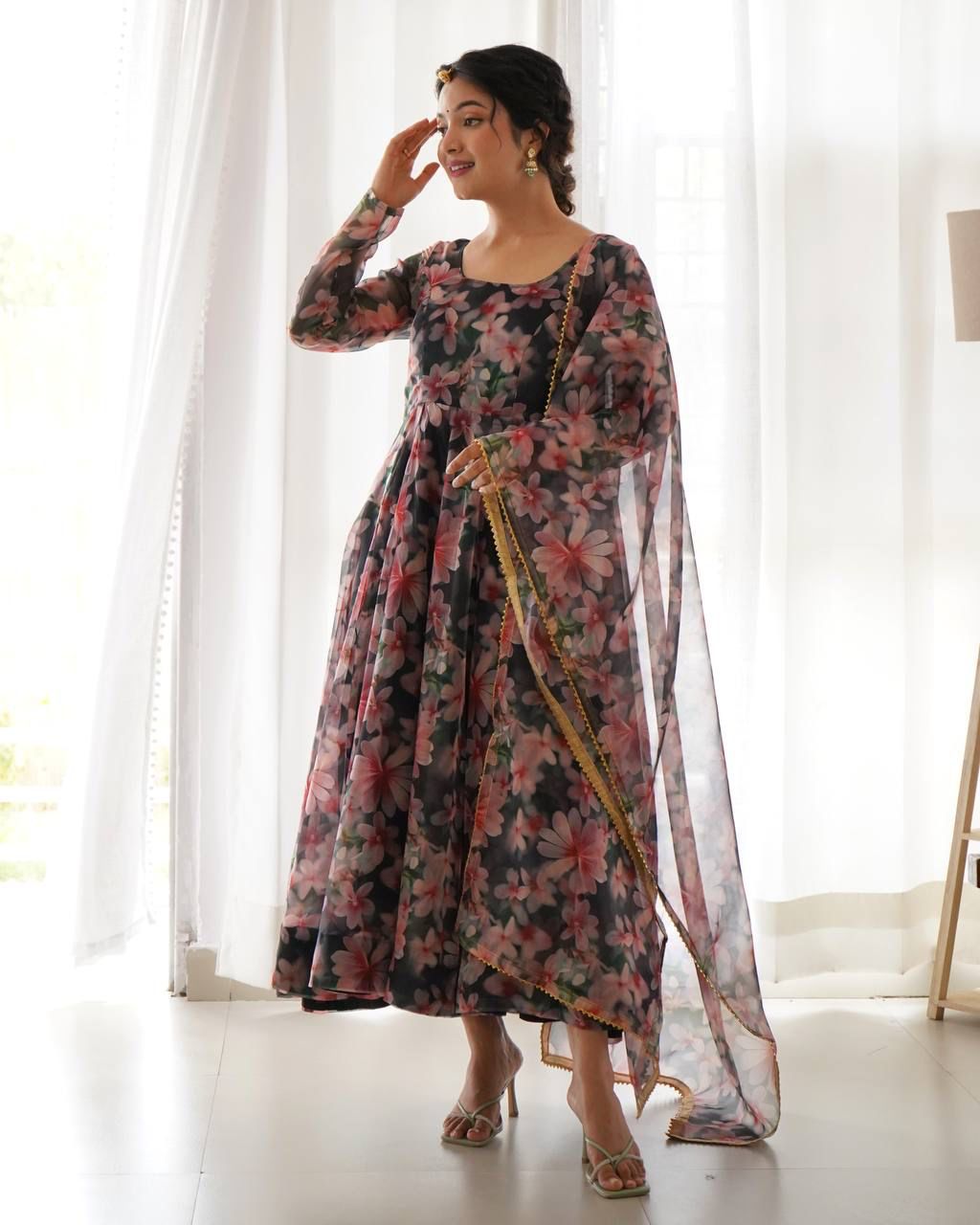 Magnificent Black Organza Silk Floral Digital Printed Gown With Dupatta - Ethnicwish