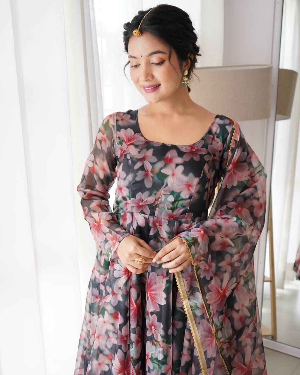 Magnificent Black Organza Silk Floral Digital Printed Gown With Dupatta - Ethnicwish