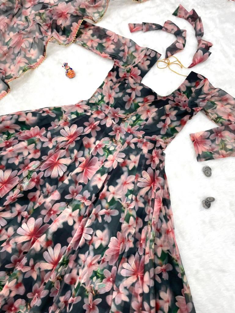 Magnificent Black Organza Silk Floral Digital Printed Gown With Dupatta - Ethnicwish