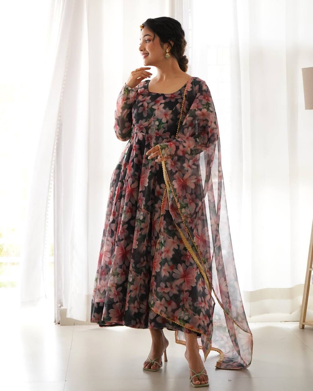 Magnificent Black Organza Silk Floral Digital Printed Gown With Dupatta - Ethnicwish