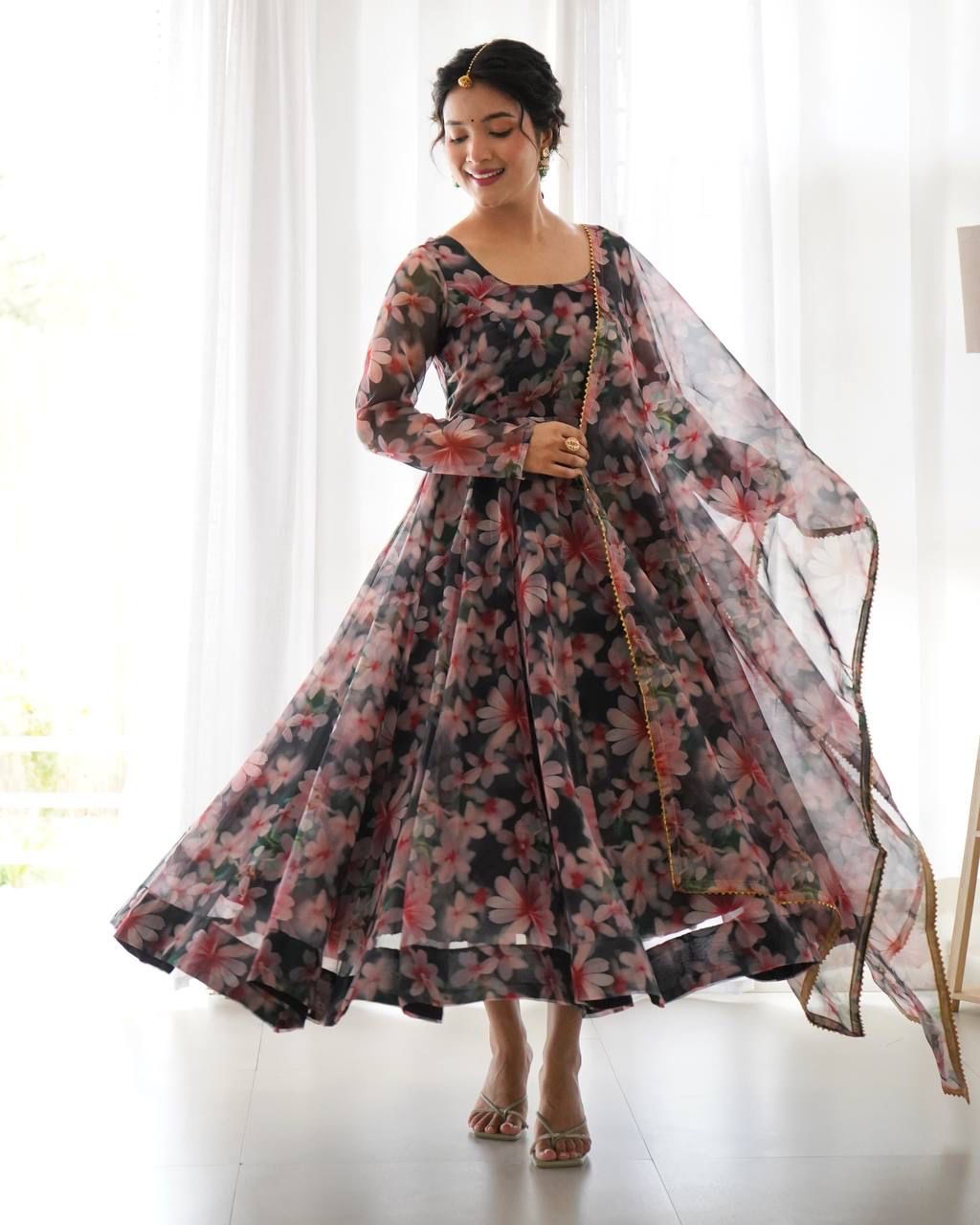 Magnificent Black Organza Silk Floral Digital Printed Gown With Dupatta - Ethnicwish
