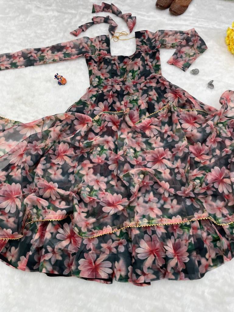 Magnificent Black Organza Silk Floral Digital Printed Gown With Dupatta - Ethnicwish