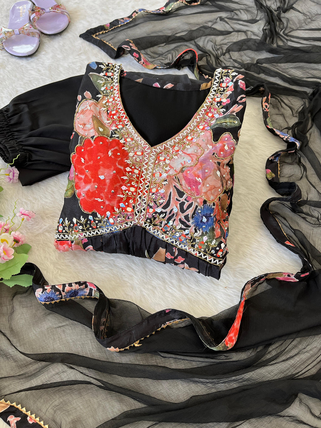 Stylish Black Soft Chinon Floral Printed Handworked Suit - Ethnicwish